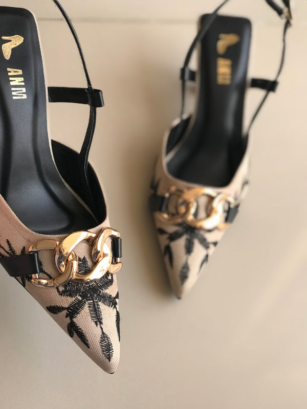Floral Embroidery Slingback Heel