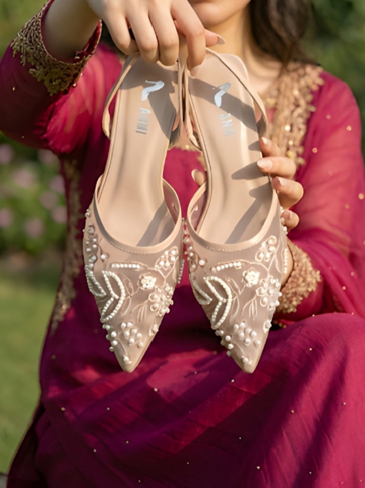 Ethereal Pearl Mesh Heels Shoes for Girls