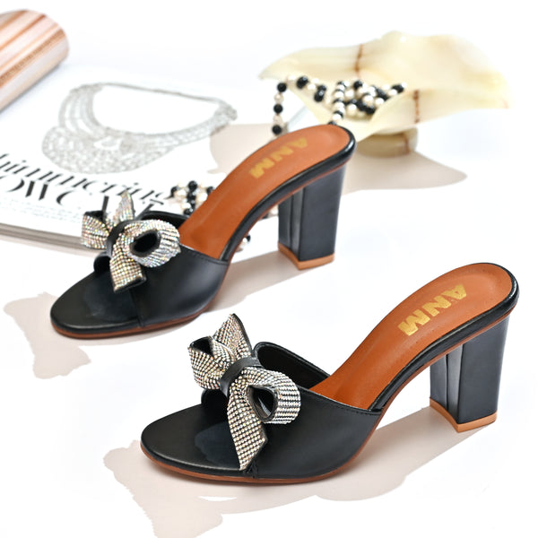 Bow Tie Block Heel Sandals (Black)