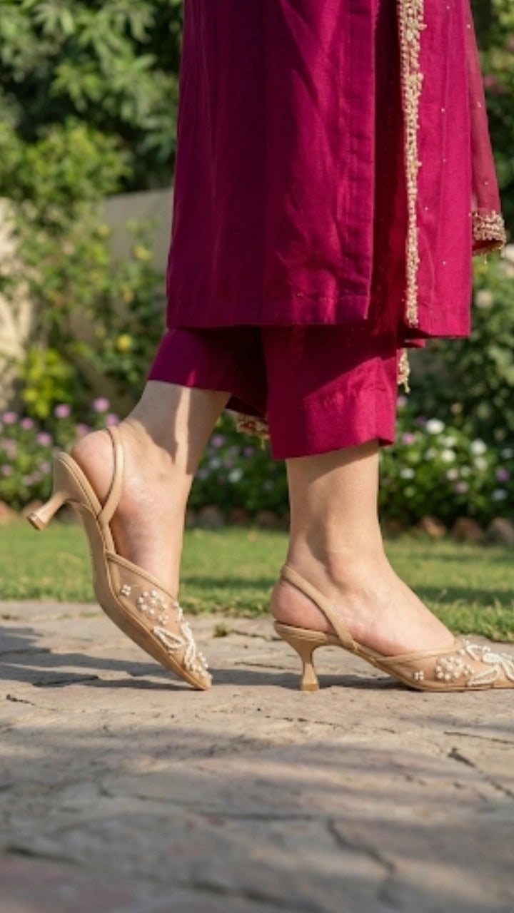 Ethereal Pearl Mesh Heels Shoes for Girls