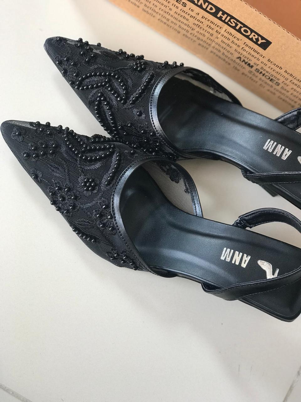 Ethereal Pearl Black Slingback Heels for Ladies